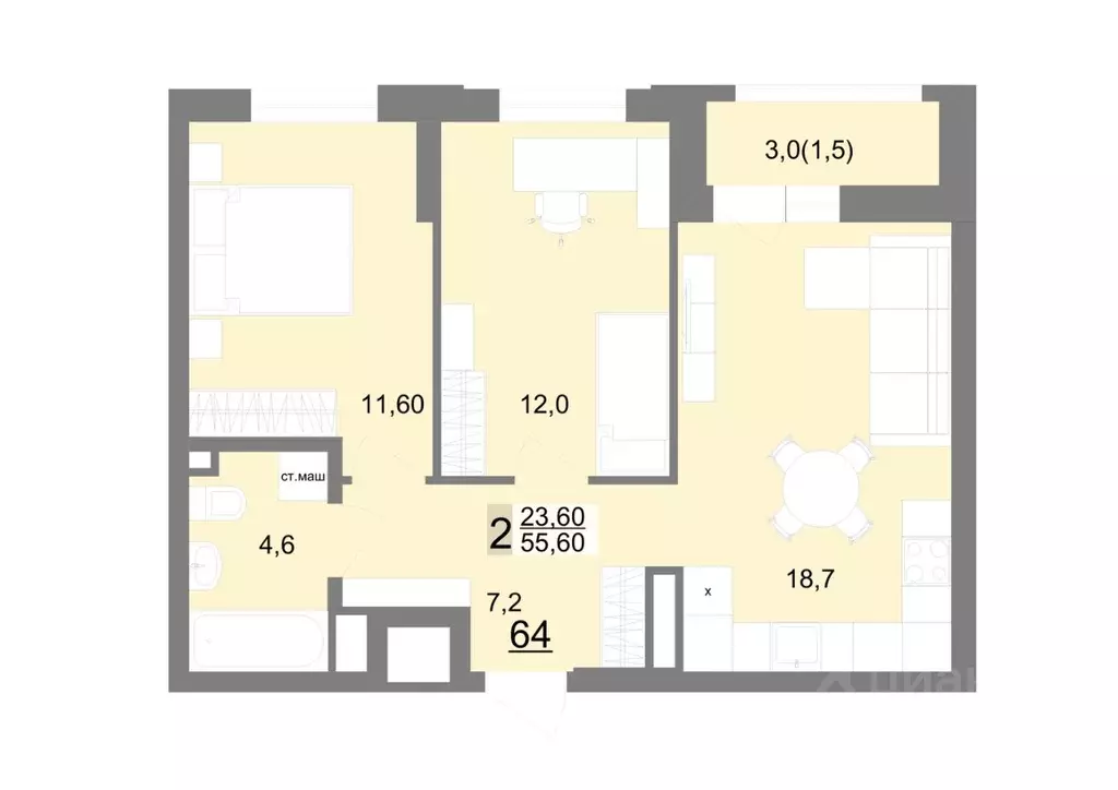 2-к кв. Свердловская область, Екатеринбург ул. Металлургов, 63/3 (55.6 ... - Фото 1