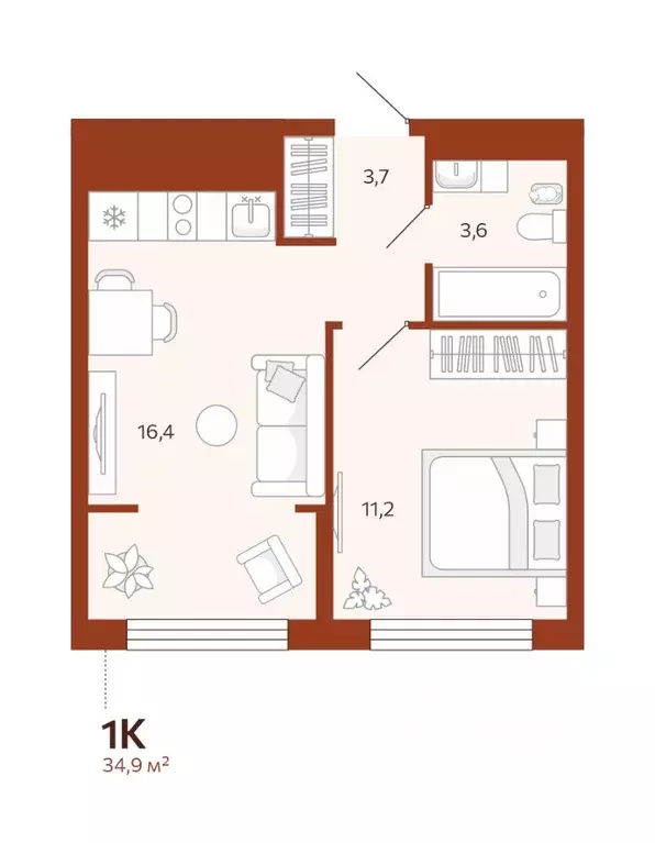 1-к кв. Тюменская область, Тюмень  (34.85 м) - Фото 0