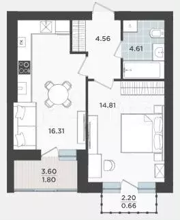 1-к. квартира, 46,1 м, 9/9 эт. - Фото 1