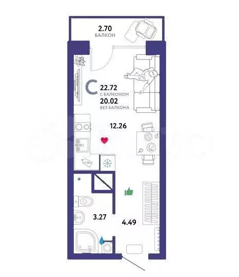 Квартира-студия, 22,7 м, 3/16 эт. - Фото 1