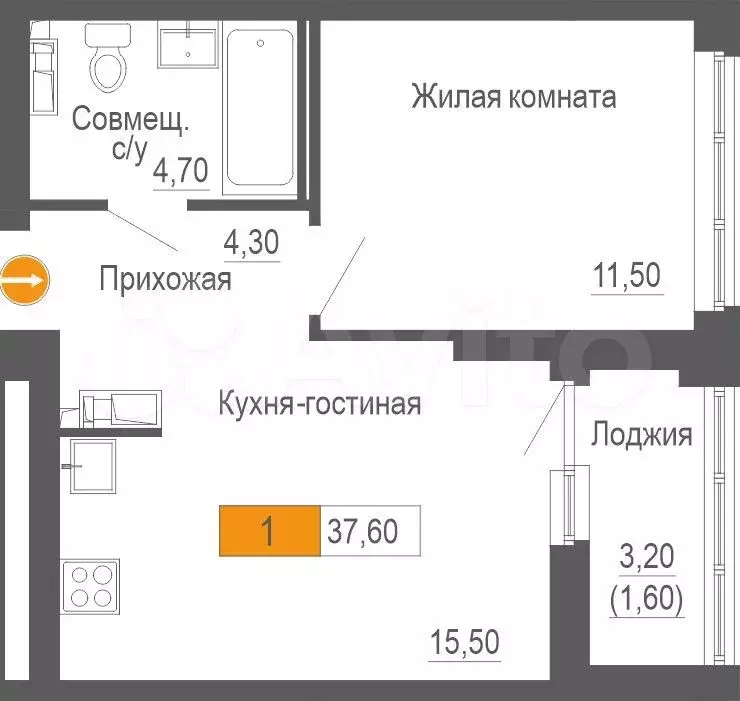 1-к. квартира, 37,6 м, 11/25 эт. - Фото 0