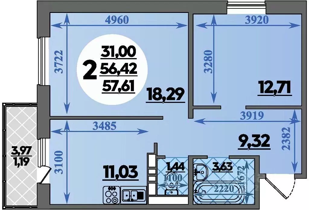 2-к кв. Ростовская область, Ростов-на-Дону ул. Юрия Дубинина, 5 (57.61 ... - Фото 1
