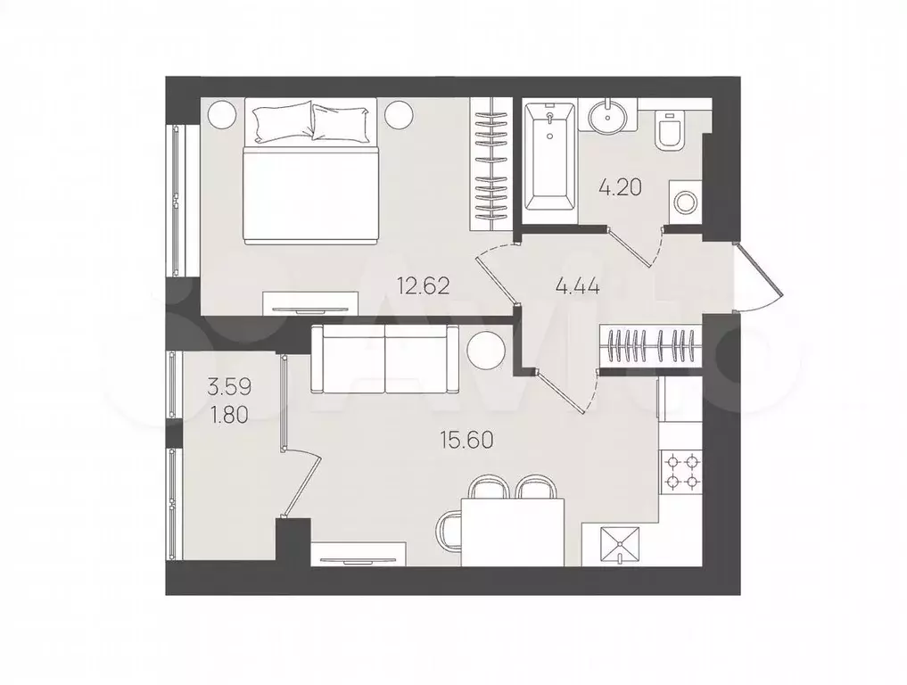 1-к. квартира, 38,7 м, 4/5 эт. - Фото 1