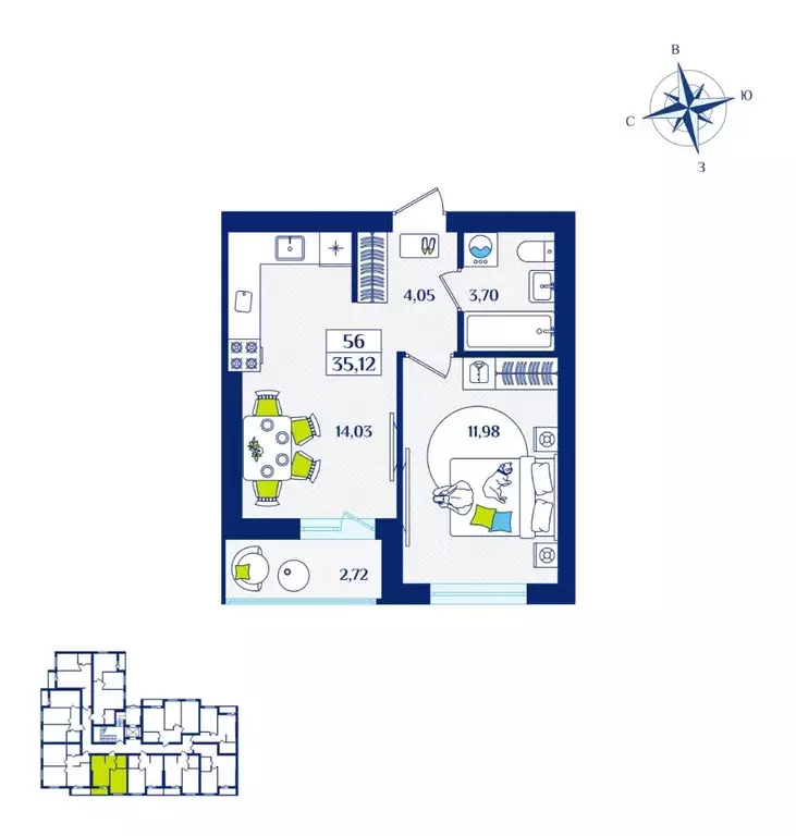 1-к кв. Калининградская область, Зеленоградск  (35.12 м) - Фото 1