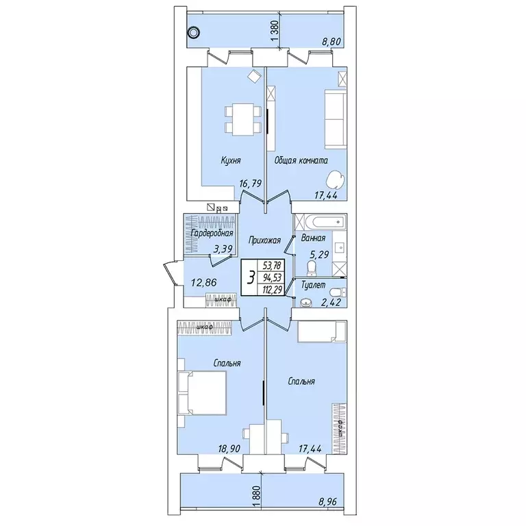 3-к квартира, 112.29 м - Фото 0