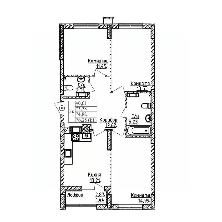 3-к кв. Калининградская область, Калининград ул. Дубовая Аллея (74.82 ... - Фото 1