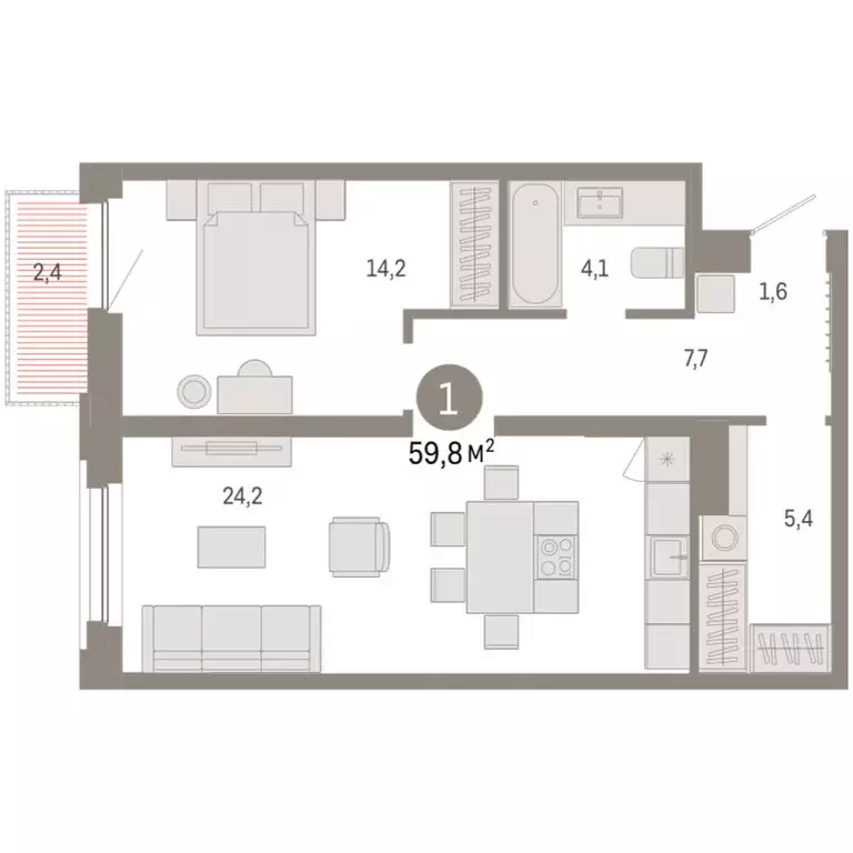 1-комнатная квартира: Тюмень, Мысовская улица, 26к2 (59.76 м) - Фото 1