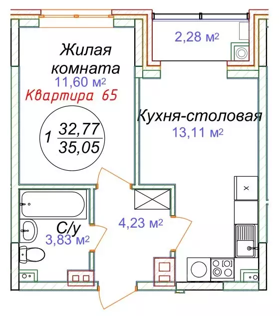 1-к кв. Ставропольский край, Минеральные Воды  (35.05 м) - Фото 0