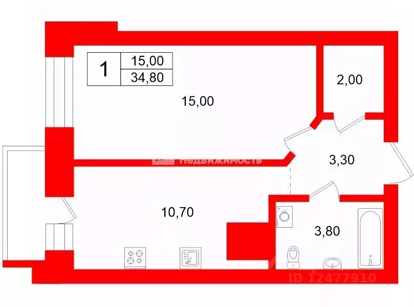 1-к кв. Санкт-Петербург ул. Русановская, 16к1 (34.8 м) - Фото 2