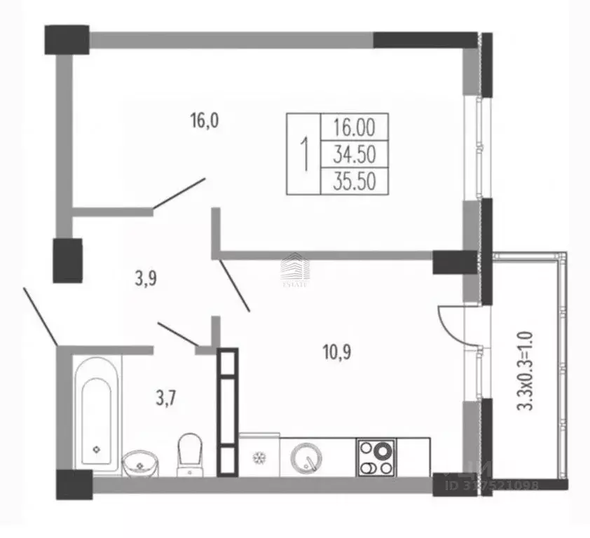 Квартира, 1 комната, 35.5 м - Фото 1