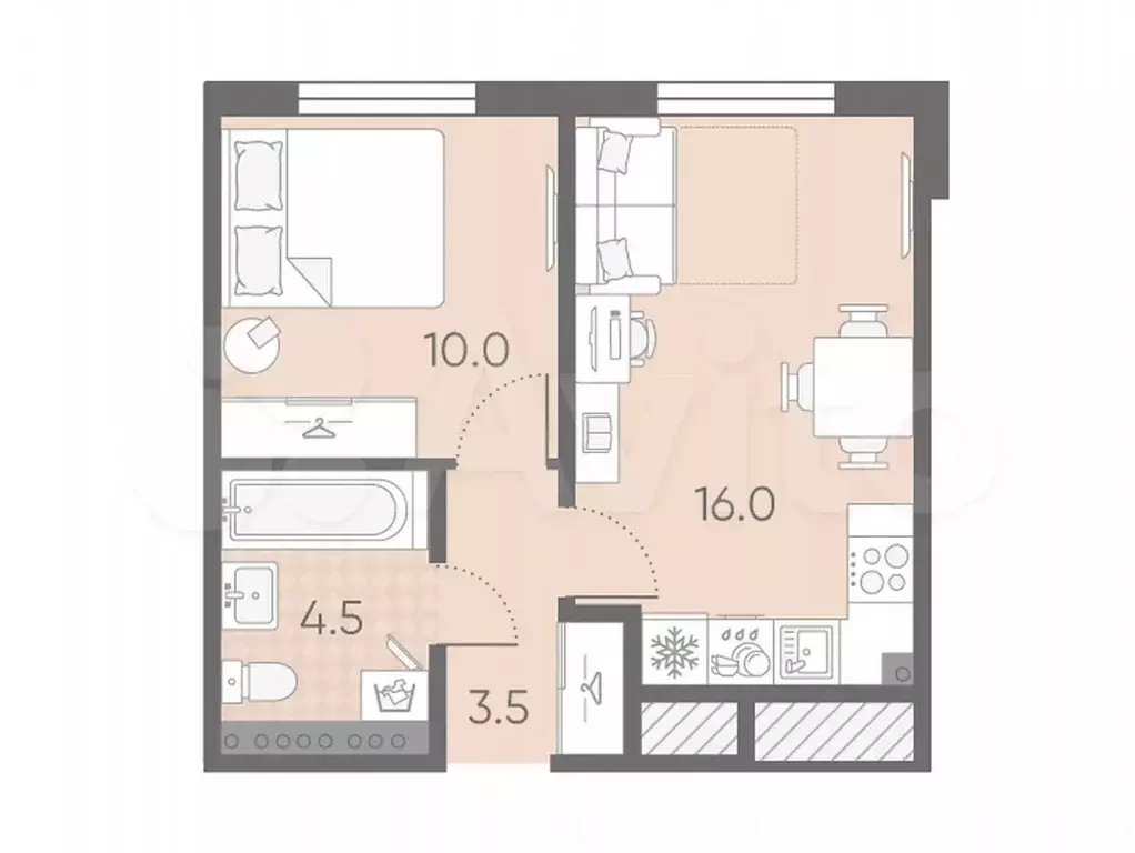 1-к. квартира, 34 м, 4/4 эт. - Фото 0
