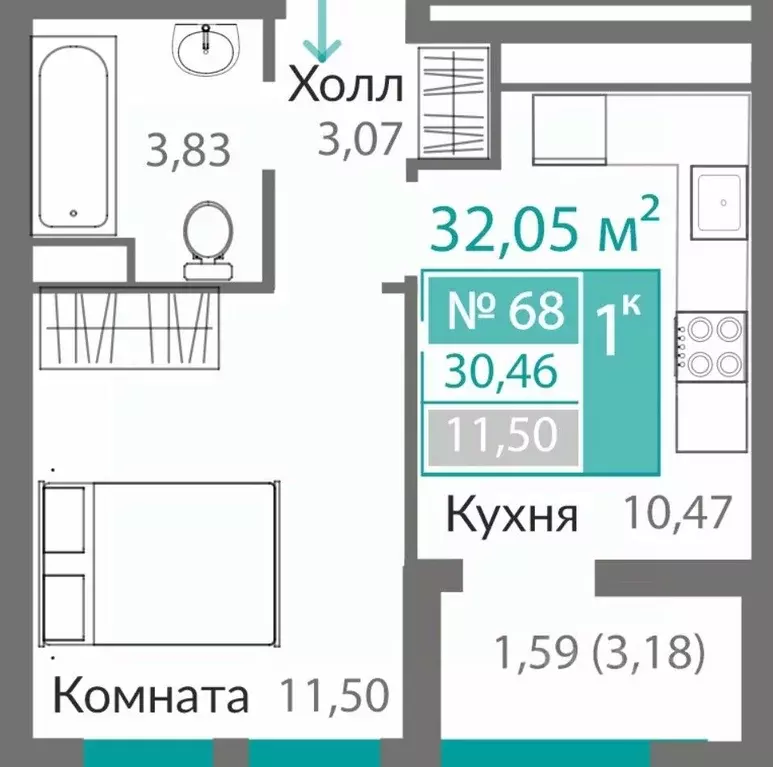 1-к кв. Крым, Симферополь Горизонты жилой комплекс (30.46 м) - Фото 0