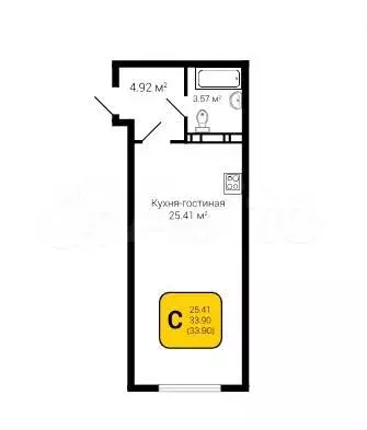 Квартира-студия, 33,9 м, 5/8 эт. - Фото 1