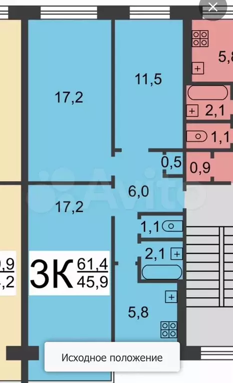 3-к. квартира, 61,8 м, 1/5 эт. - Фото 0