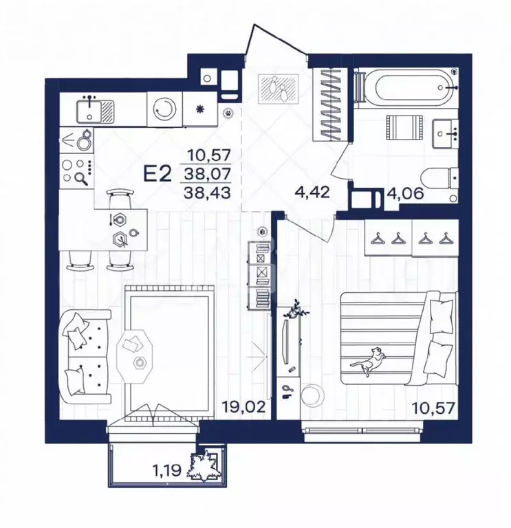 1-к. квартира, 39,3 м, 4/6 эт. - Фото 1