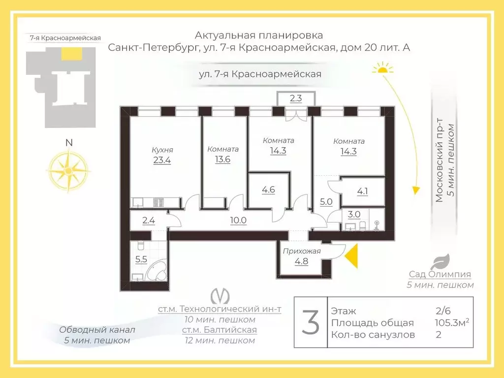 4-к кв. Санкт-Петербург 7-я Красноармейская ул., 20 (105.3 м) - Фото 1