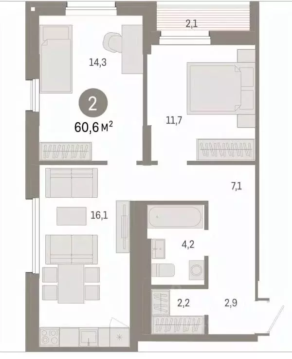 2-к кв. Свердловская область, Екатеринбург ул. Пехотинцев, 2к1 (60.6 ... - Фото 1