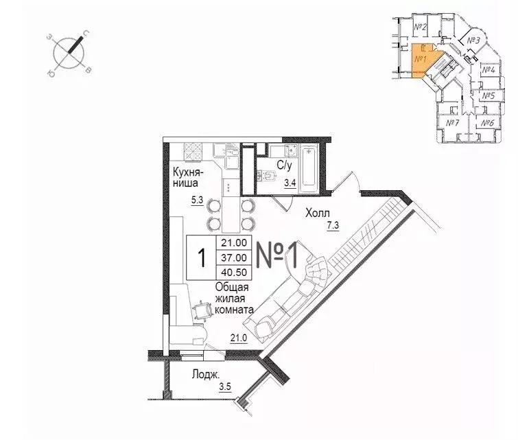 Студия Московская область, Наро-Фоминск ул. Новикова, 20/1 (40.8 м) - Фото 0