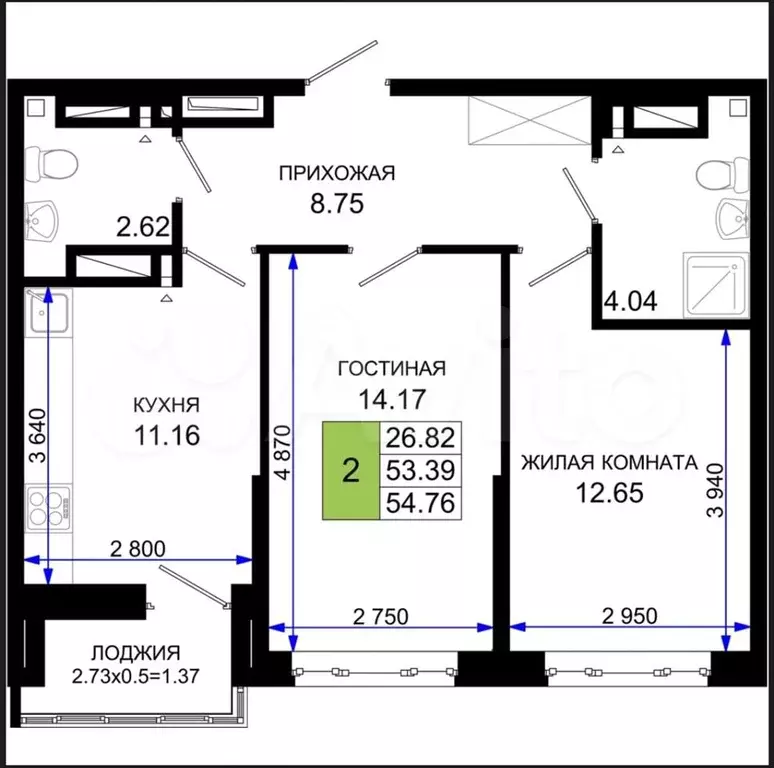 2-к. квартира, 54,8 м, 20/25 эт. - Фото 1