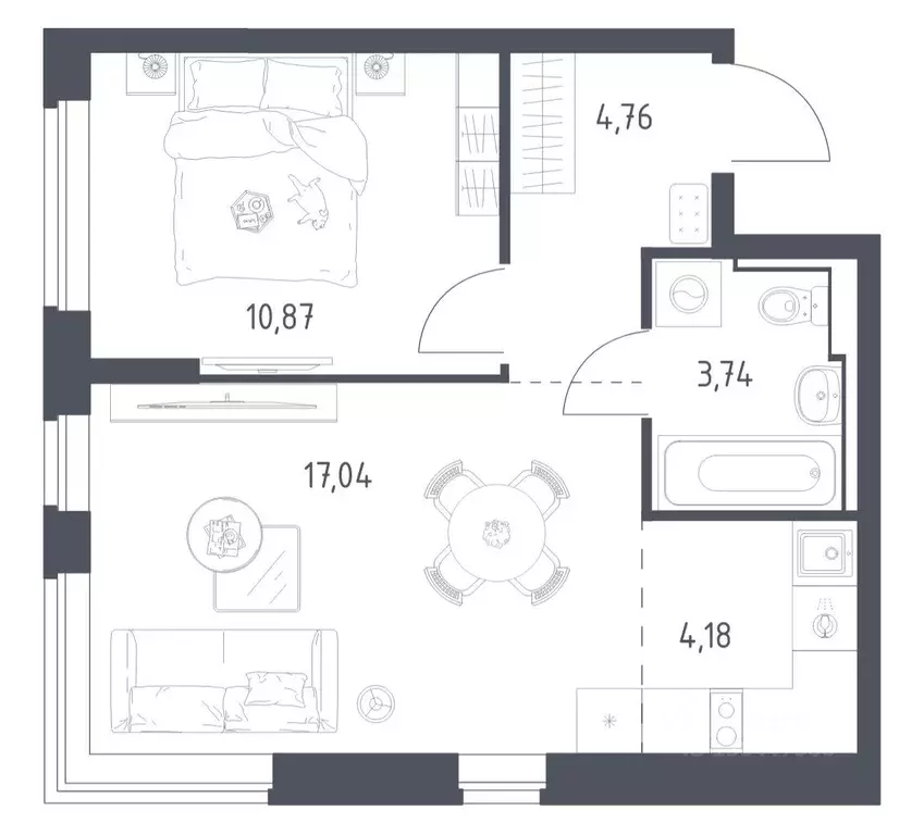 Квартира, 1 комната, 40.59 м - Фото 1