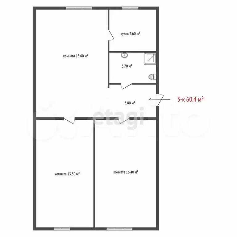3-к. квартира, 60,4 м, 1/5 эт. - Фото 0