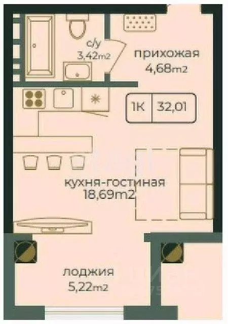Студия Дагестан, Каспийск просп. Акулиничева (32.01 м) - Фото 0