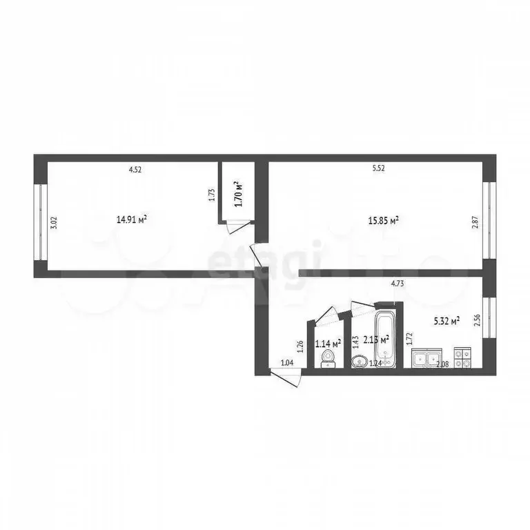 2-к. квартира, 46,9 м, 1/5 эт. - Фото 0