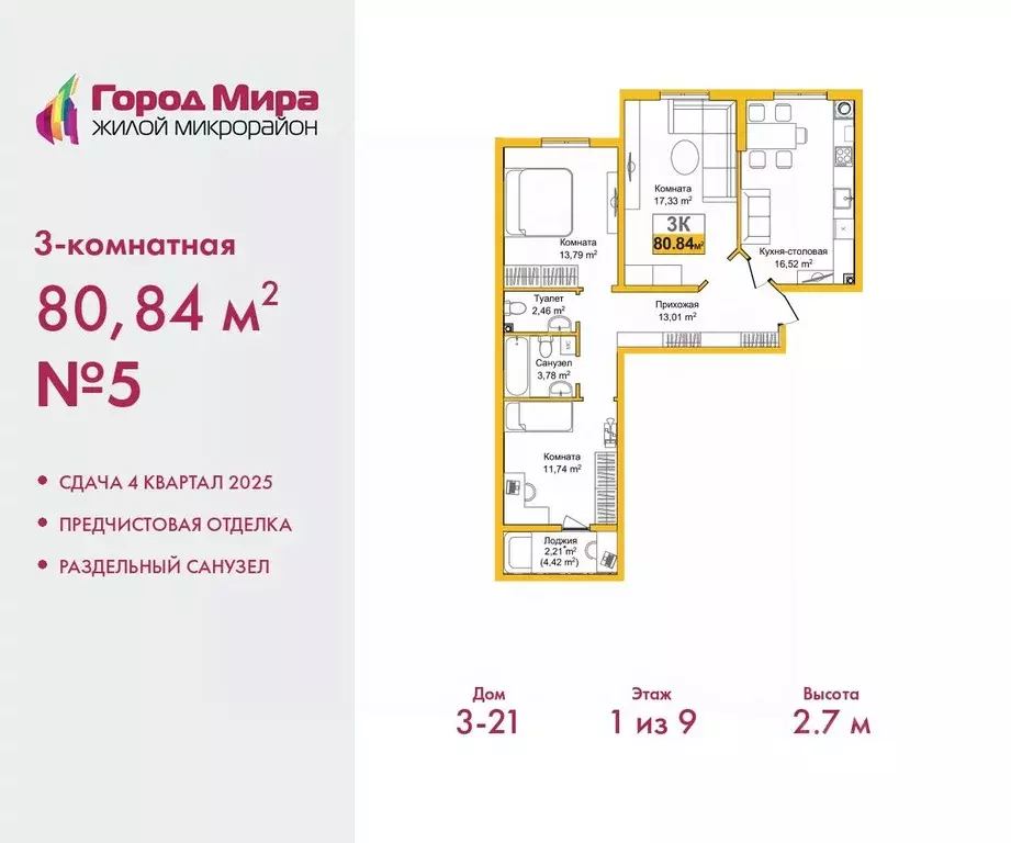 3-к кв. Крым, Симферополь Город Мира жилой комплекс (80.84 м) - Фото 0