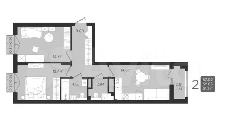 2-к. квартира, 61,4 м, 9/9 эт. - Фото 1