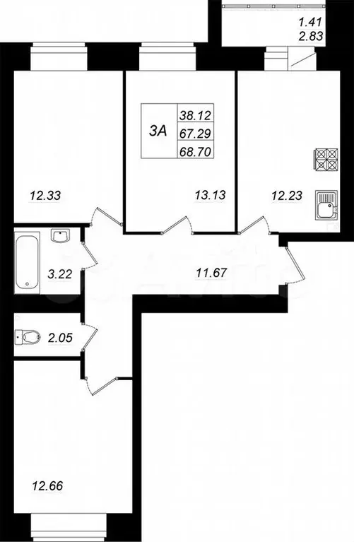 3-к. квартира, 68,7м, 4/10эт. - Фото 0