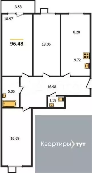 3-к. квартира, 96,5 м, 5/10 эт. - Фото 0