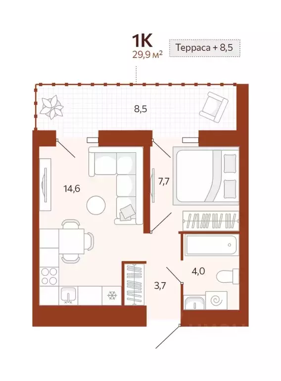 1-к кв. Тюменская область, Тюмень ул. Новаторов, 28 (29.88 м) - Фото 0