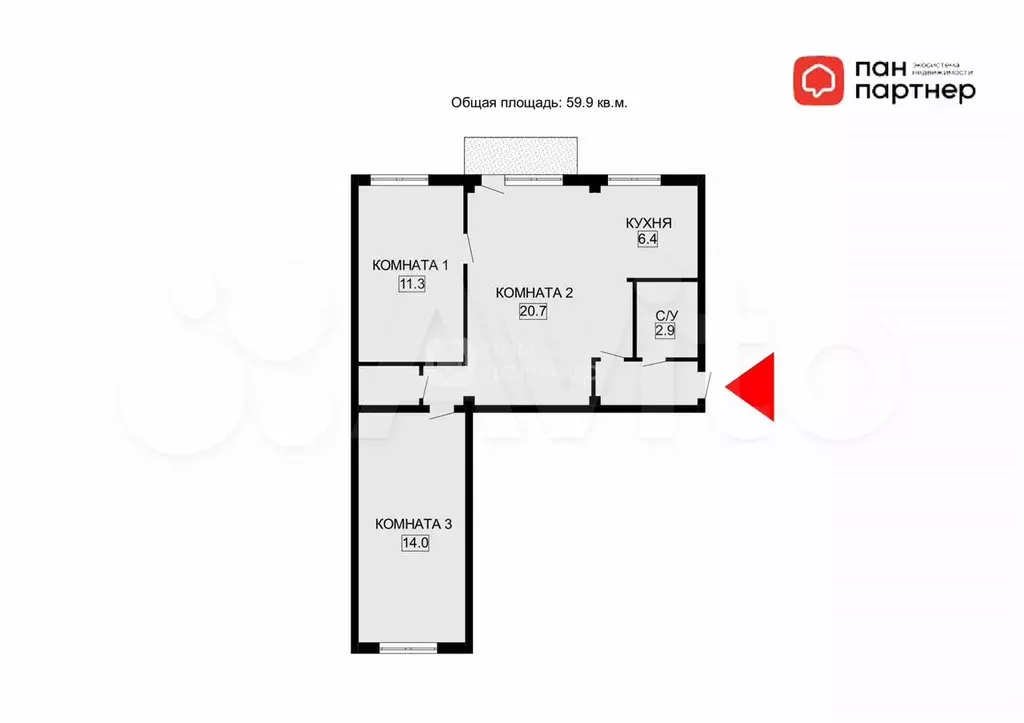 3-к. квартира, 59,9 м, 2/5 эт. - Фото 0