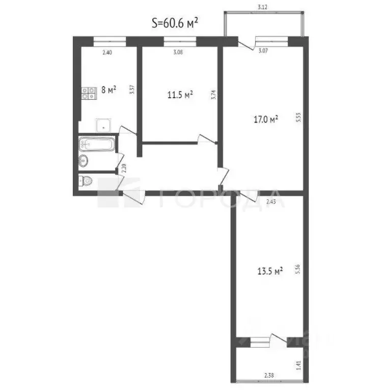 3-к кв. Кемеровская область, Новокузнецк ул. Косыгина, 11 (60.6 м) - Фото 1