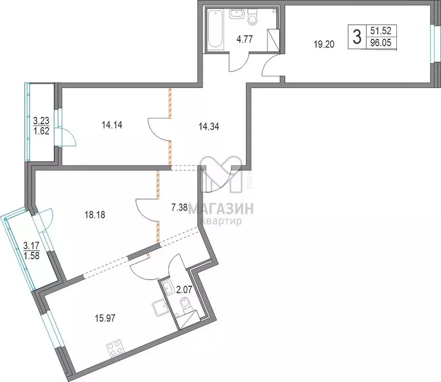3-к кв. Санкт-Петербург Коломяжский просп., 11 (97.0 м) - Фото 2