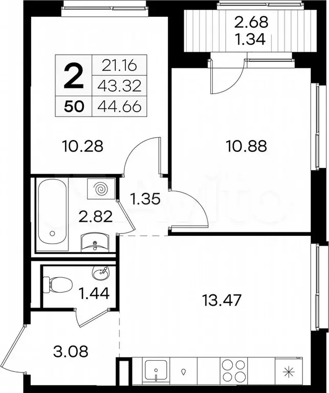 2-к. квартира, 44,7 м, 5/9 эт. - Фото 0