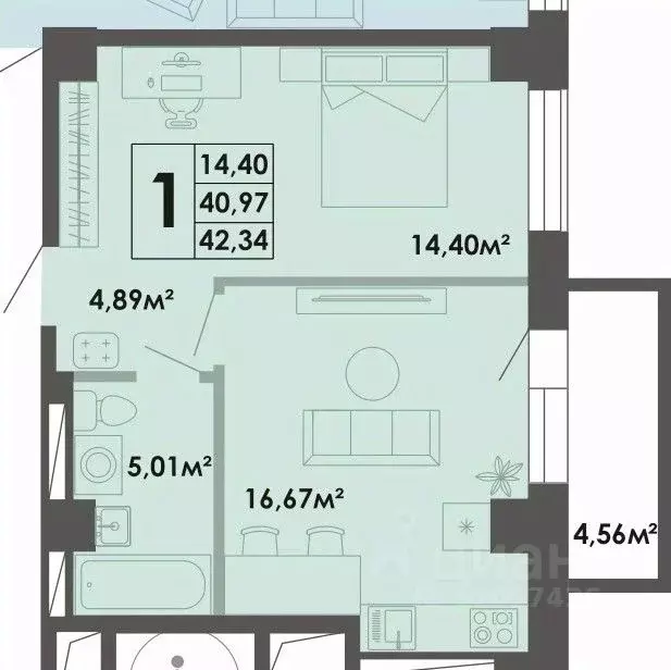 1-к кв. Саха (Якутия), Якутск 53-й кв-л,  (43.15 м) - Фото 0