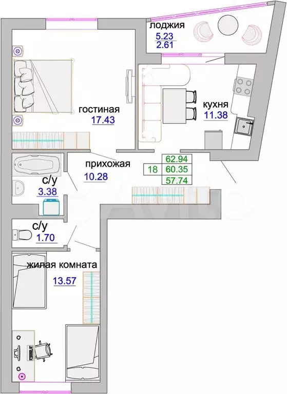 2-к. квартира, 61,1 м, 5/9 эт. - Фото 1