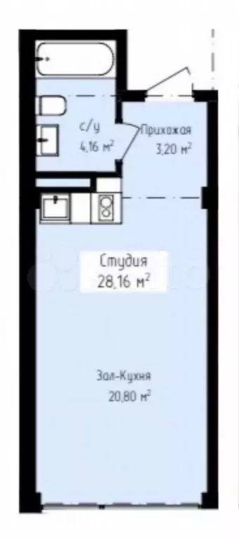 Апартаменты-студия, 28,2 м, 3/8 эт. - Фото 1