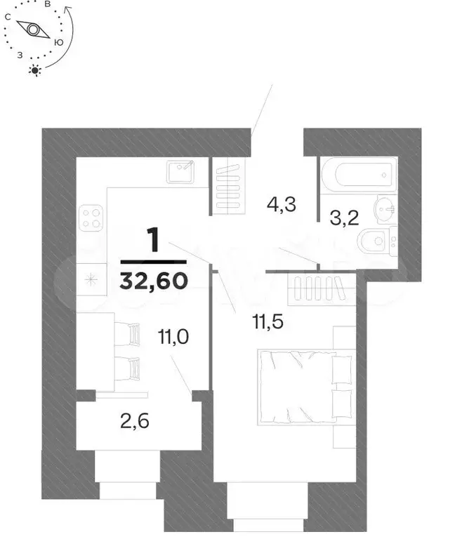 1-к. квартира, 32,6 м, 14/16 эт. - Фото 1