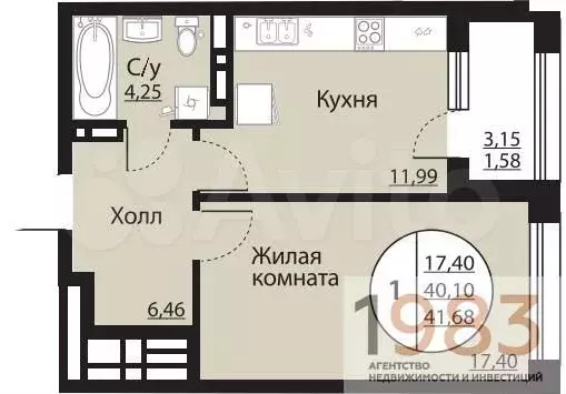 1-к. квартира, 41,7 м, 13/24 эт. - Фото 0