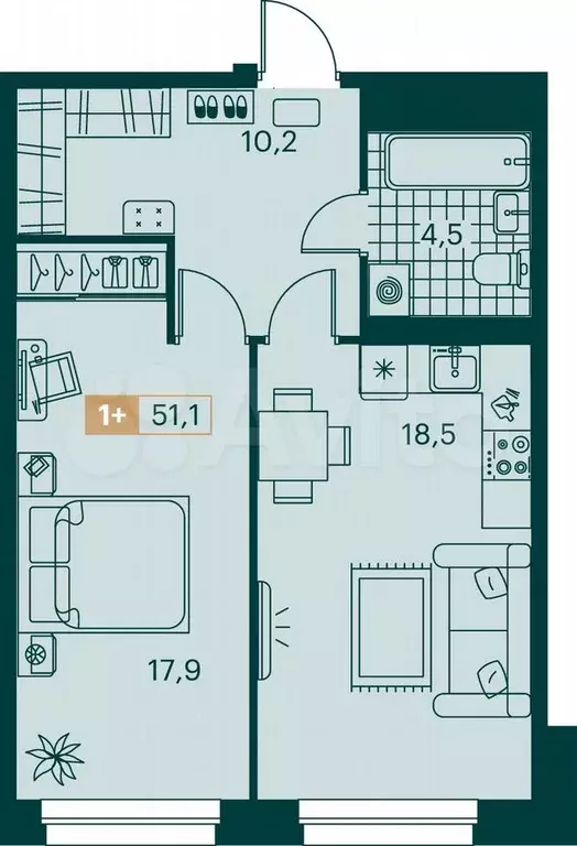 1-к. квартира, 51,1 м, 8/11 эт. - Фото 0
