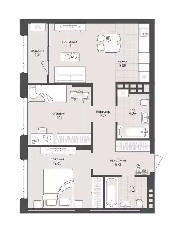 2-к квартира, 62.71 м - Фото 0
