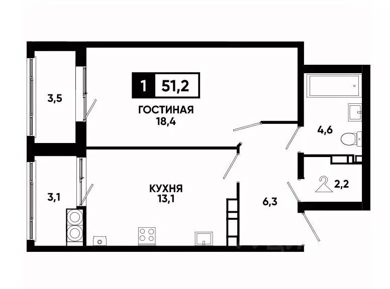 1-к кв. Ставропольский край, Ставрополь ул. Андрея Голуба, 14к2 (51.2 ... - Фото 0