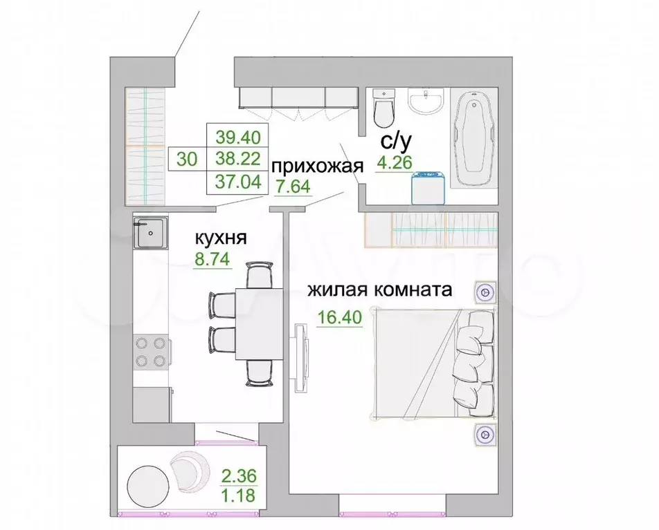 1-к. квартира, 38,7 м, 9/9 эт. - Фото 1