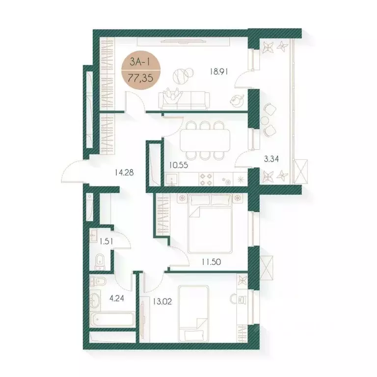 3-к кв. Татарстан, Казань Родины мкр, Наследие жилой комплекс (77.35 ... - Фото 1