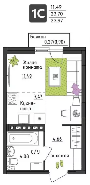 Студия Пермский край, Пермь Верхне-Вишерская ул., 40 (23.97 м) - Фото 0