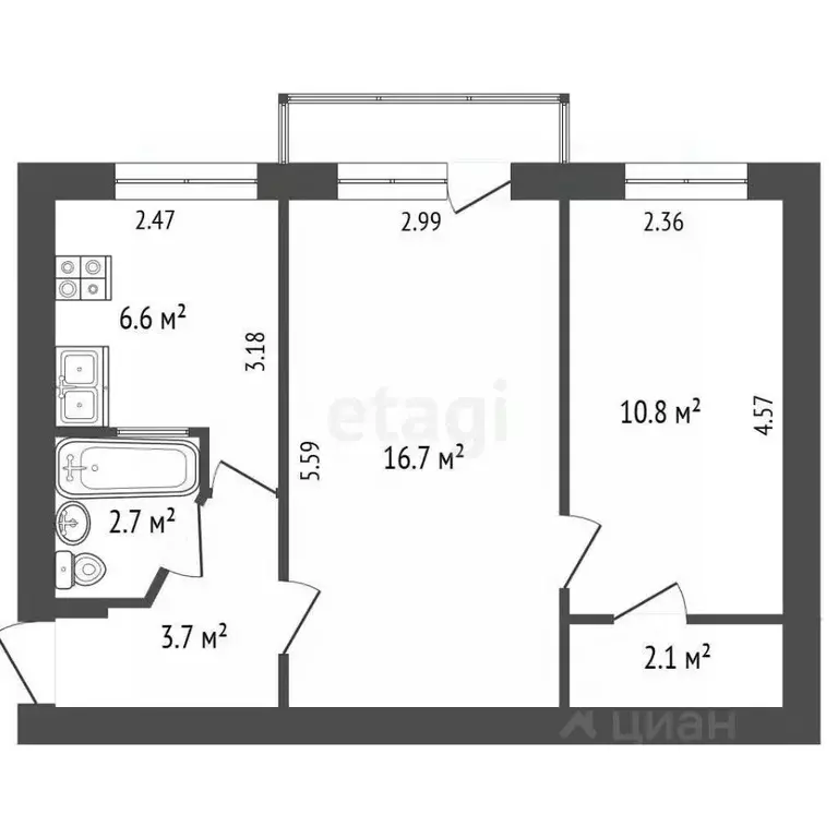 2-к кв. Севастополь ул. Розы Люксембург, 47 (43.3 м) - Фото 2