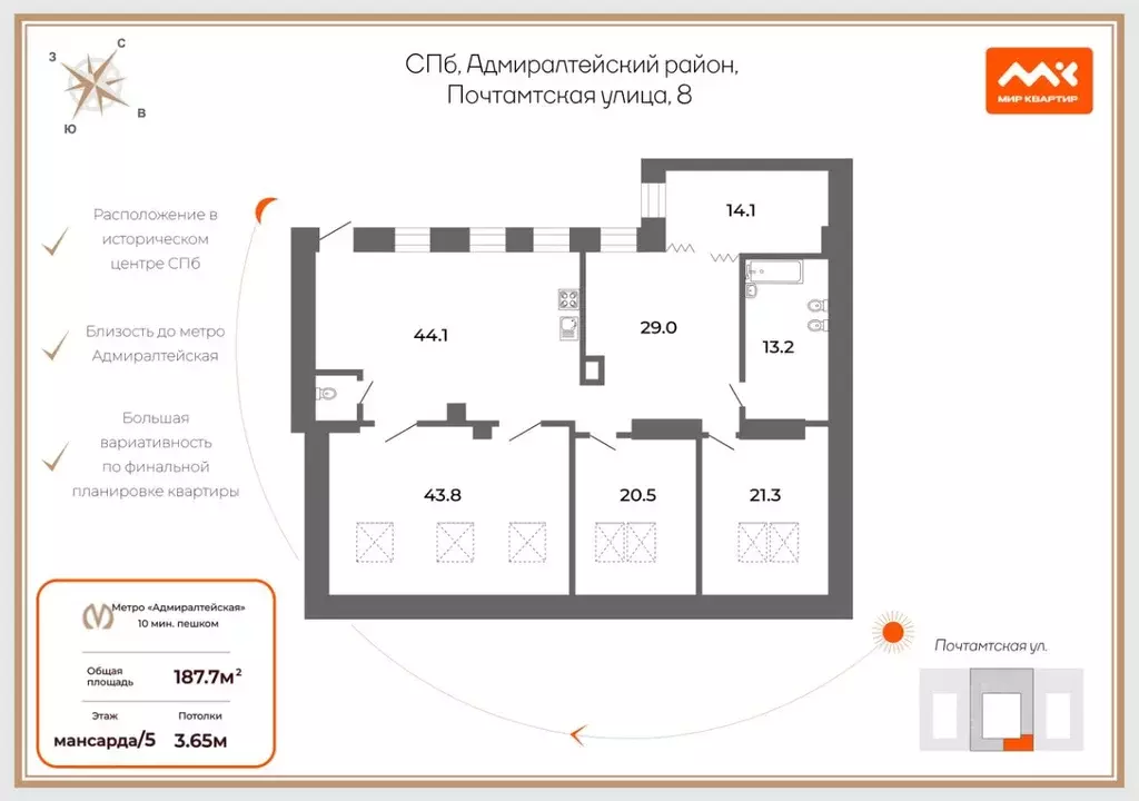 3-к кв. Санкт-Петербург Почтамтская ул., 8 (187.7 м) - Фото 1