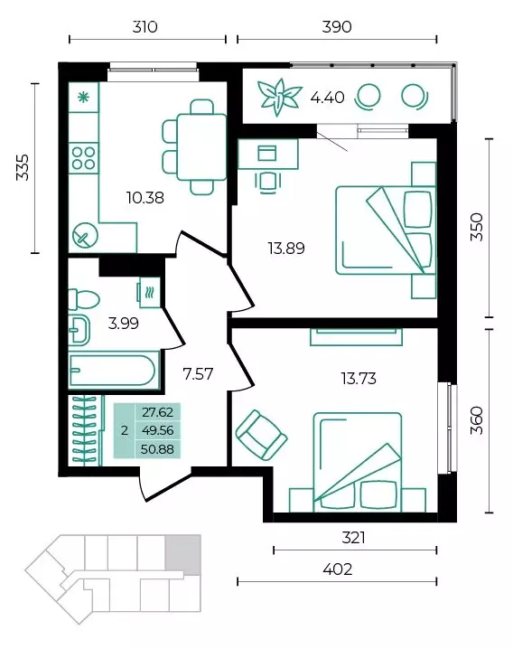 2-комнатная квартира: Майкопский район, посёлок Тульский (50.88 м) - Фото 1